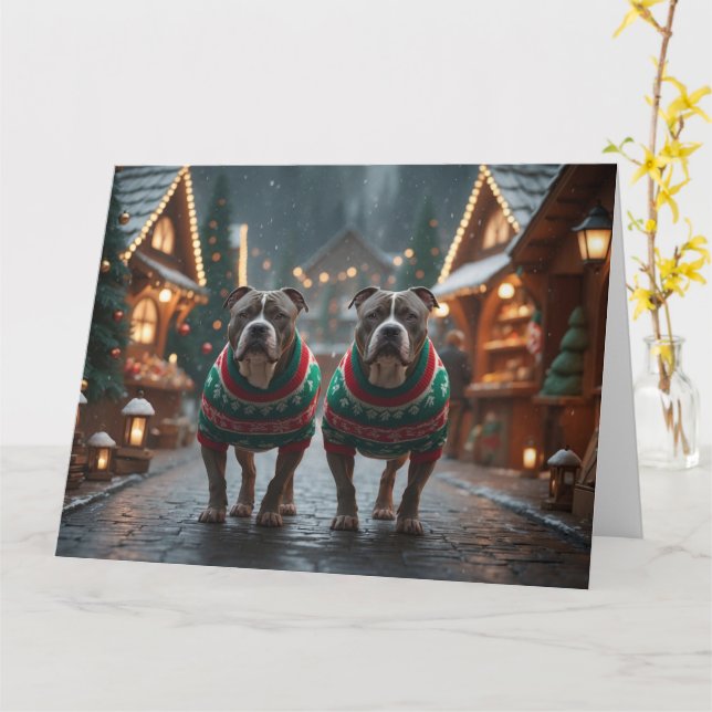 Pitbull Dogs Christmas Snow Holiday Card (Yellow Flower)