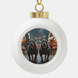 Pitbull Dogs Christmas Snow Holiday Ceramic Ball Christmas Ornament