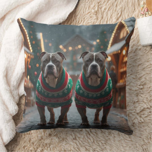 Pitbull Dogs Christmas Snow Holiday Cushion