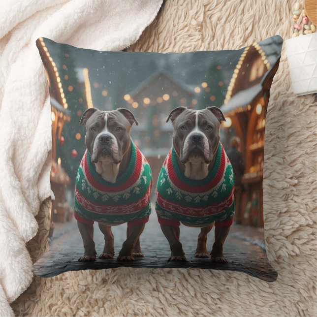 Pitbull Dogs Christmas Snow Holiday Cushion (Blanket)