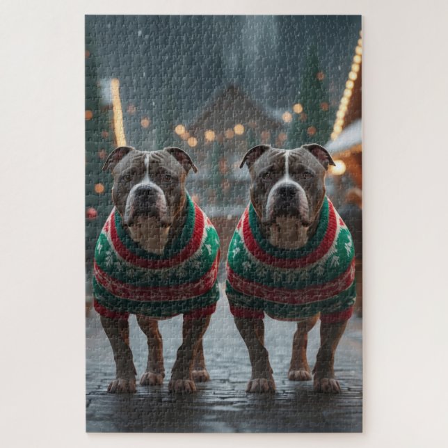 Pitbull Dogs Christmas Snow Holiday Jigsaw Puzzle (Vertical)