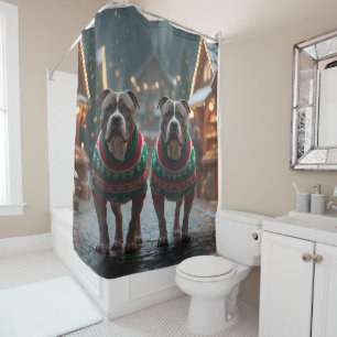 Pitbull Dogs Christmas Snow Holiday Shower Curtain