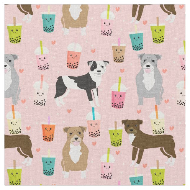 Pitbull dogs kawaii bubble tea pink fabric (Close Up)