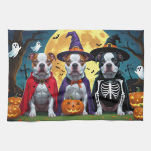 Pitbull Dogs Pumpkin Halloween Funny Tea Towel