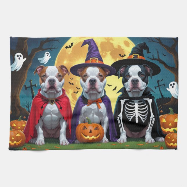 Pitbull Dogs Pumpkin Halloween Funny Tea Towel (Horizontal)