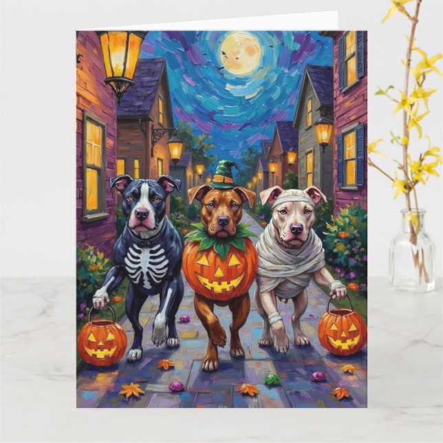 Pitbull Dogs Trick-or-Treating  Halloween Costumes Card (Yellow Flower)