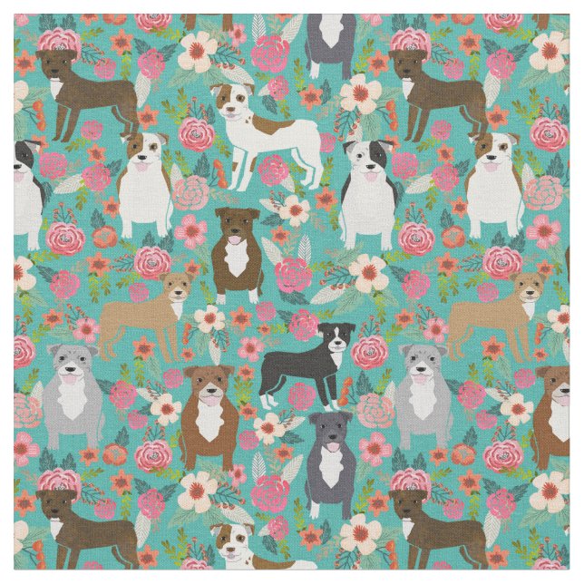 Pitbull dogs vintage florals turquoise fabric (Close Up)