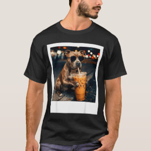 Pitbull drinking iced coffee dog lover dad funny T-Shirt