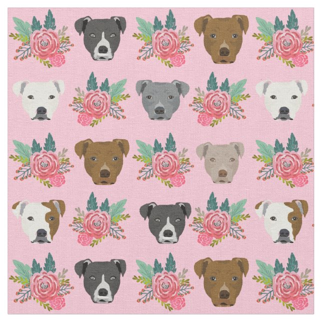 Pitbull faces pink florals fabric (Close Up)