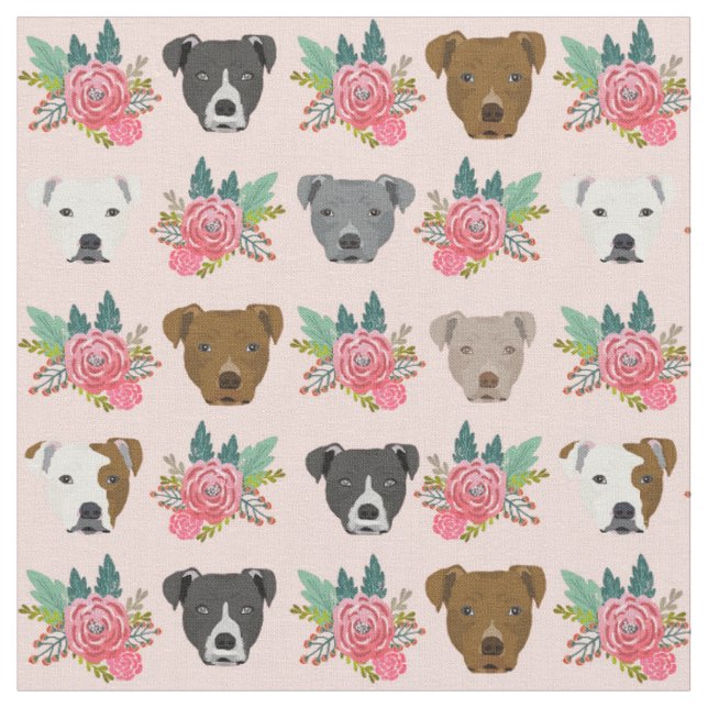 Pitbull faces pink florals fabric (Close Up)