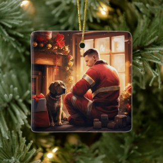 Pitbull Firefighter Christmas, Gift for Dog Lovers Ceramic Ornament
