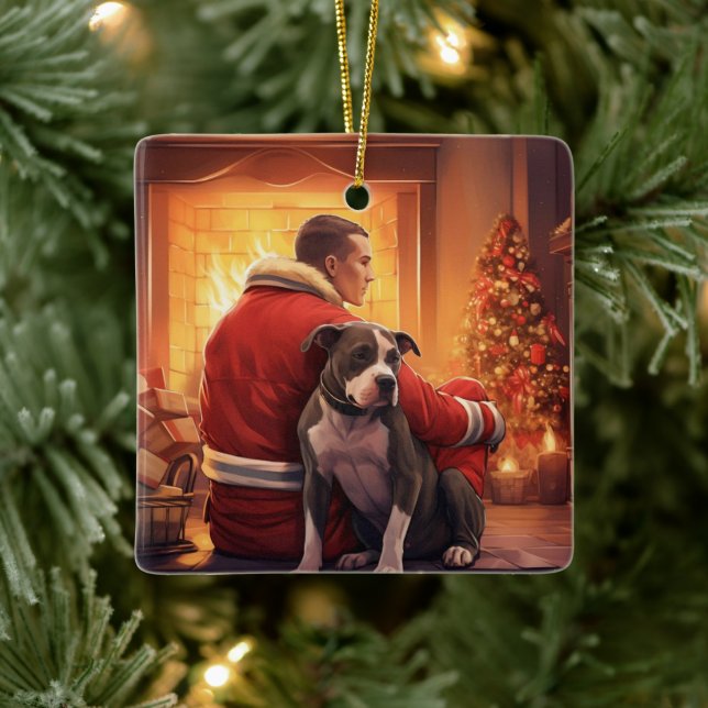 Pitbull Firefighter Christmas, Gift for Dog Lovers Ceramic Ornament (Tree)