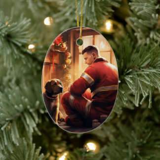Pitbull Firefighter Christmas, Gift for Dog Lovers Ceramic Tree Decoration