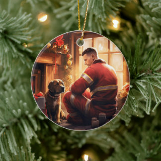 Pitbull Firefighter Christmas, Gift for Dog Lovers Ceramic Tree Decoration