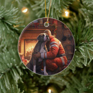 Pitbull Firefighter Christmas, Gift for Dog Lovers Ceramic Tree Decoration