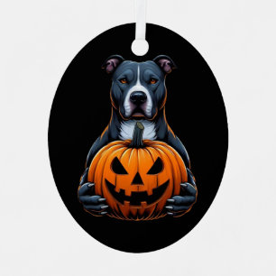 Pitbull Halloween - Holding Jack O Lantern Metal Tree Decoration