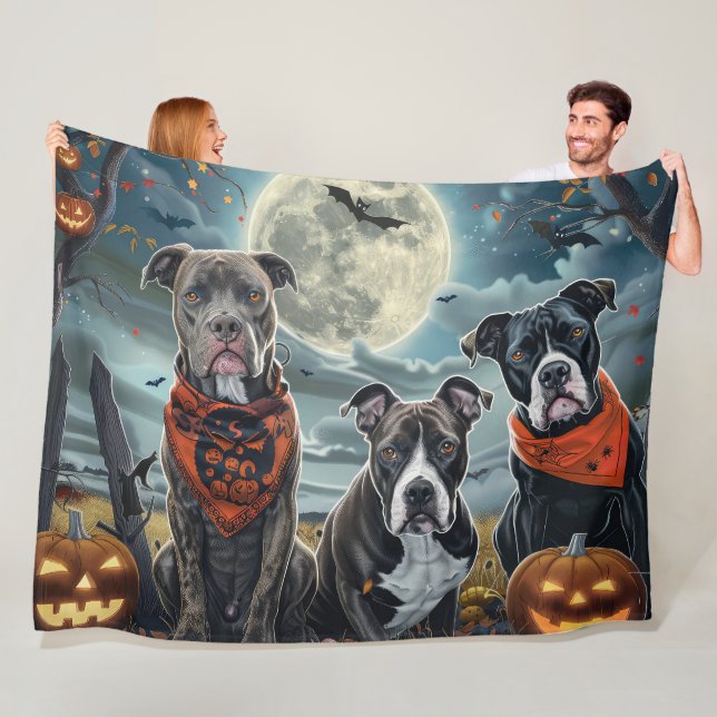 Pitbull Halloween Spooky Fleece Blanket (In Situ)