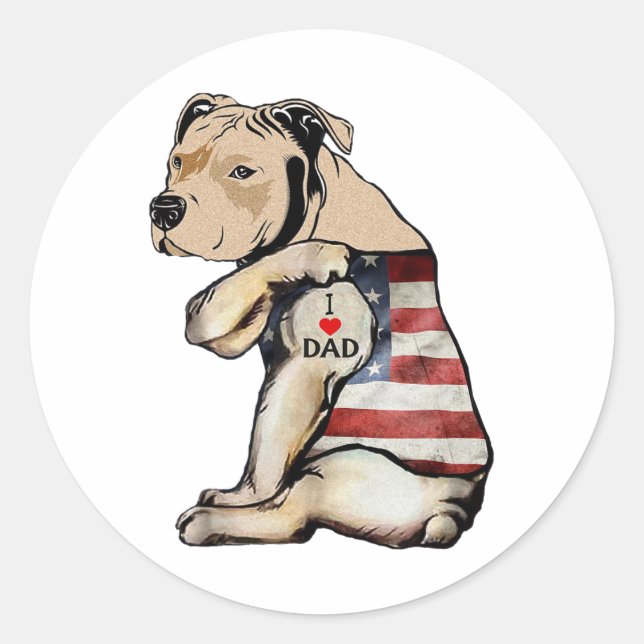 Pitbull I Love Dad Tattoo Fathers Day  Classic Round Sticker (Front)