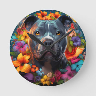 Pitbull in a Wreath of Flowers Round Clock