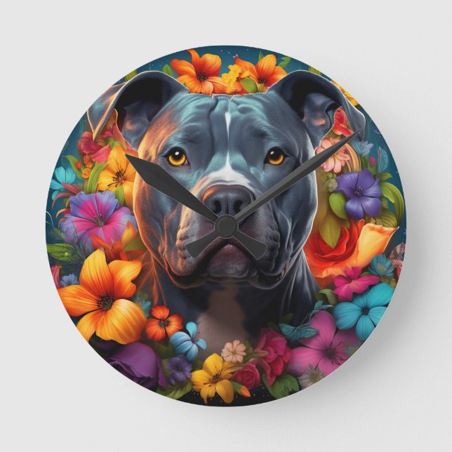 Pitbull in a Wreath of Flowers Round Clock (Front)
