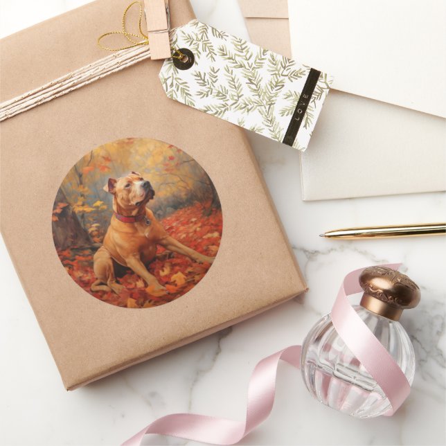 Pitbull in Autumn Leaves Fall Inspire  Classic Round Sticker (Gifting)