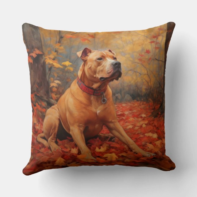 Pitbull in Autumn Leaves Fall Inspire  Cushion (Back)