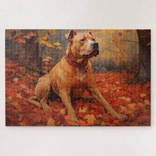 Pitbull in Autumn Leaves Fall Inspire Jigsaw Puzzle