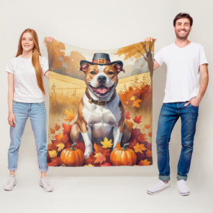 Pitbull In Autumn Leaves Thanksgiving Art Fleece Blanket