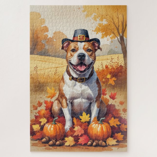 Pitbull In Autumn Leaves Thanksgiving Art Jigsaw Puzzle (Vertical)