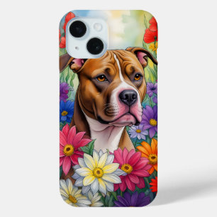 Pitbull in Flower Garden iPhone 15 Case