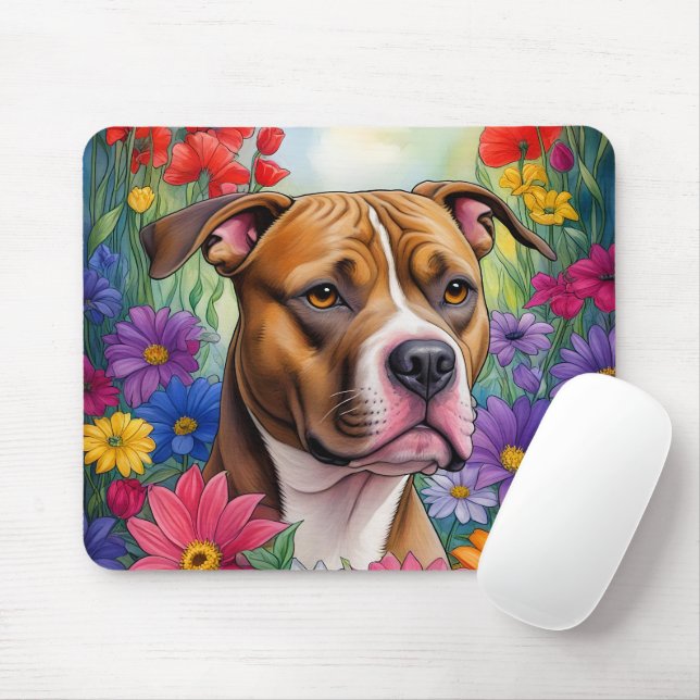 Pitbull in Flower Garden Mouse Mat (With Mouse)