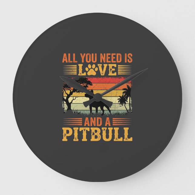 Pitbull Love Retro Sunset Dog Large Clock (Front)