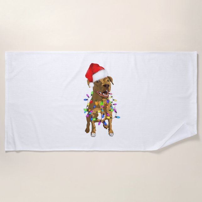 Pitbull Merry Christmas Tree Lights Funny Pajama P Beach Towel (Front)