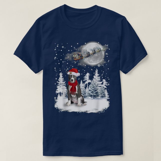 Pitbull On Snow Christmas Moon Lighting Santa Hat  T-Shirt (Design Front)