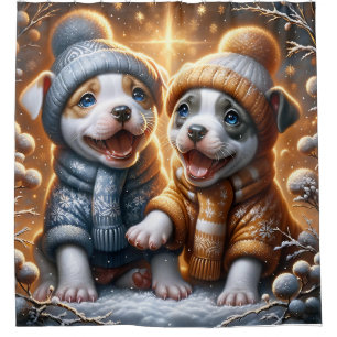 “Pitbull Puppies’ First Snowfall” Shower Curtain