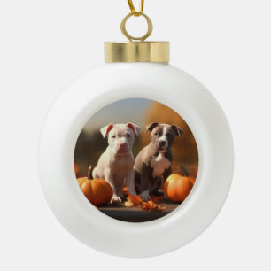 Pitbull Puppy Autumn Delight Pumpkin  Ceramic Ball Christmas Ornament