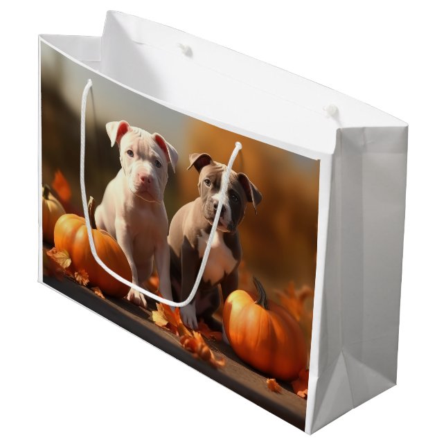 Pitbull Puppy Autumn Delight Pumpkin  Large Gift Bag (Front Angled)