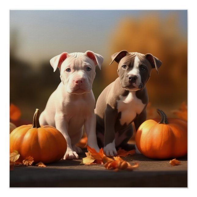 Pitbull Puppy Autumn Delight Pumpkin  Poster (Front)