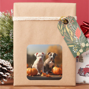 Pitbull Puppy Autumn Delight Pumpkin  Square Sticker