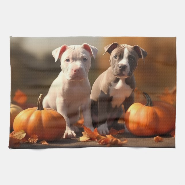 Pitbull Puppy Autumn Delight Pumpkin  Tea Towel (Horizontal)
