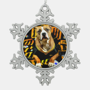 Pitbull Rescue Dog Football Fanatic Snowflake Pewter Christmas Ornament