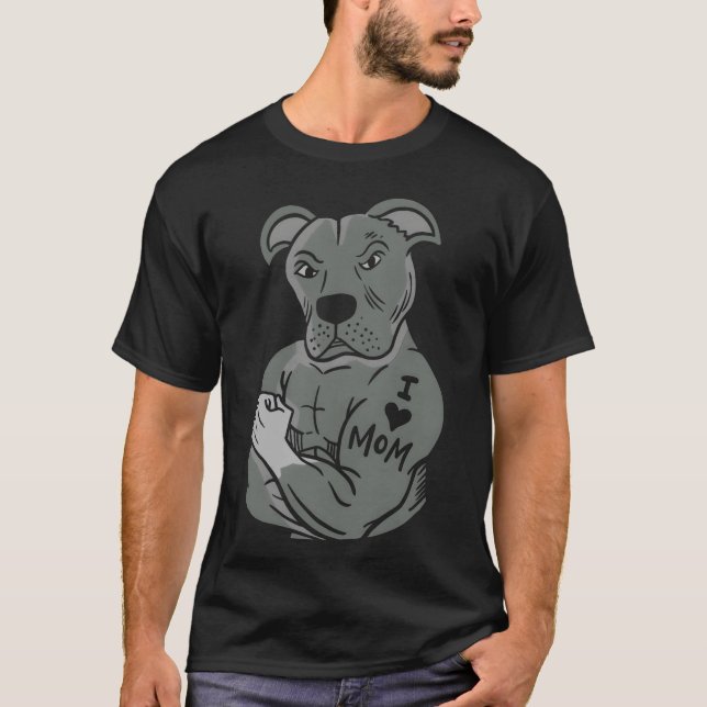 Pitbull Showing tattoo I love Mom boy T-Shirt (Front)