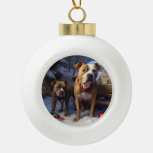 Pitbull Snowy Sleigh Christmas Decor Ceramic Ball Christmas Ornament