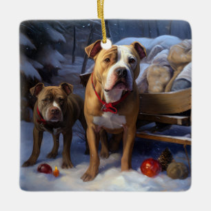 Pitbull Snowy Sleigh Christmas Decor Ceramic Ornament