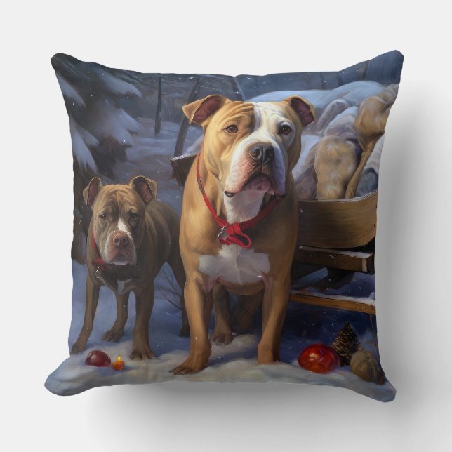 Pitbull Snowy Sleigh Christmas Decor Cushion (Front)