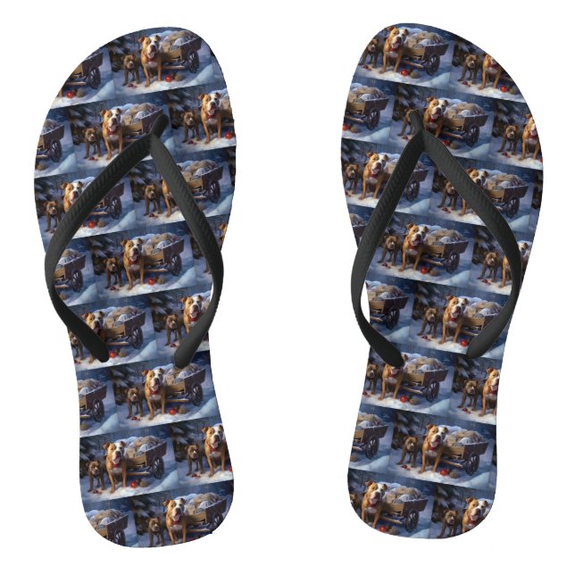 Pitbull Snowy Sleigh Christmas Decor Flip Flops (Footbed)