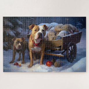 Pitbull Snowy Sleigh Christmas Decor Jigsaw Puzzle