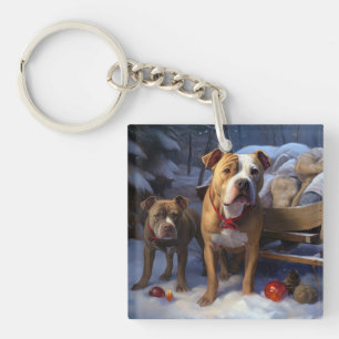 Pitbull Snowy Sleigh Christmas Decor Key Ring