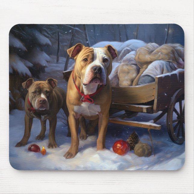 Pitbull Snowy Sleigh Christmas Decor Mouse Mat (Front)