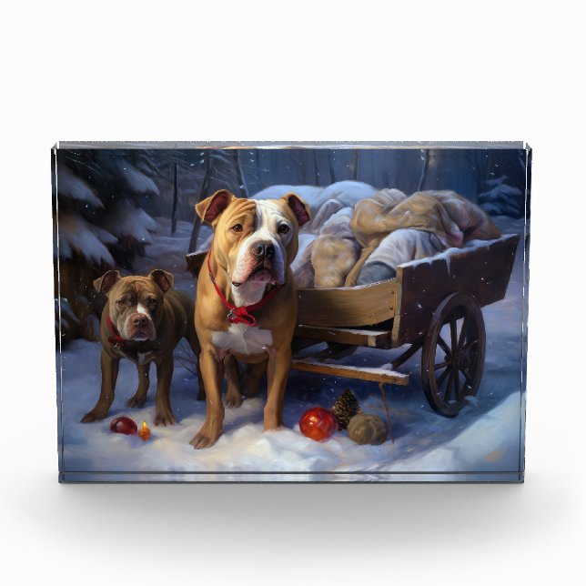 Pitbull Snowy Sleigh Christmas Decor Photo Block (Front)